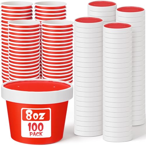 Image of Fulmoon 8 oz 100 Pack Paper Containers with Lids Soup Bowl Cup, Red | Disposable Ice Cream Cup, Kraft Food Containers with Vented Lid Stackable for Hot Soup Dessert Cake Fruit Microwave Takeout