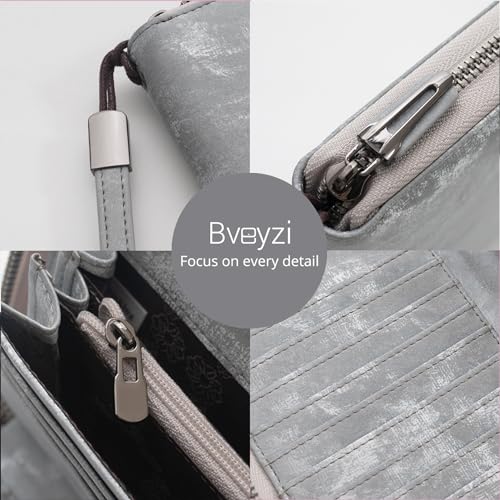 Bveyzi Women RFID Blocking Wallet Leather Zip Around Phone Clutch Large Capacity Ladies Travel Purse Wristlet (Vegan Grey) - Thumbnail 3
