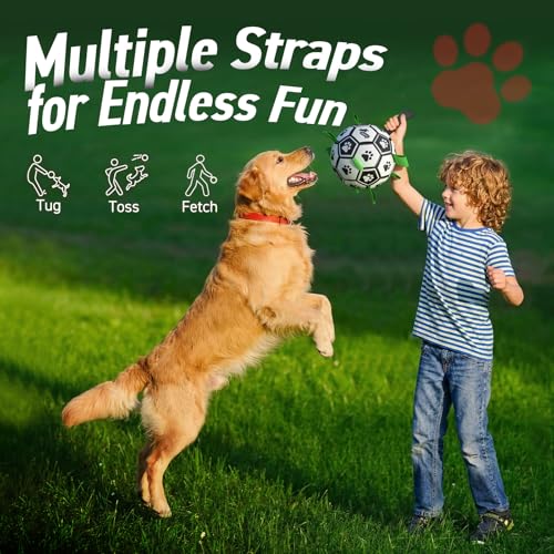 Image of QDAN Large Dog Toys, Soccer Ball for Dogs with Straps, Herding Dog Balls | Interactive Soccer Toys for Tug of War, 8 Inch Dog Ball for Medium Large Puppy, Birthday Toy for 30-90 lbs Dogs, Water Toy