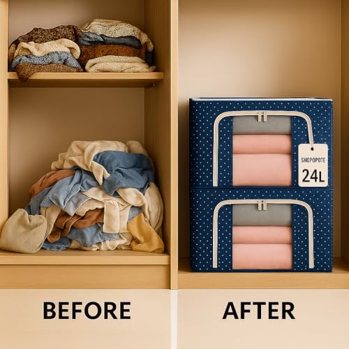 Image of Storage Box and Organiser for Clothes | Cloth Organizer for Storage | Clothes Wardrobe Organizer for Storage | Fits in Small Closet & Room Corner | 24 Ltr Set of 3, Blue Polka