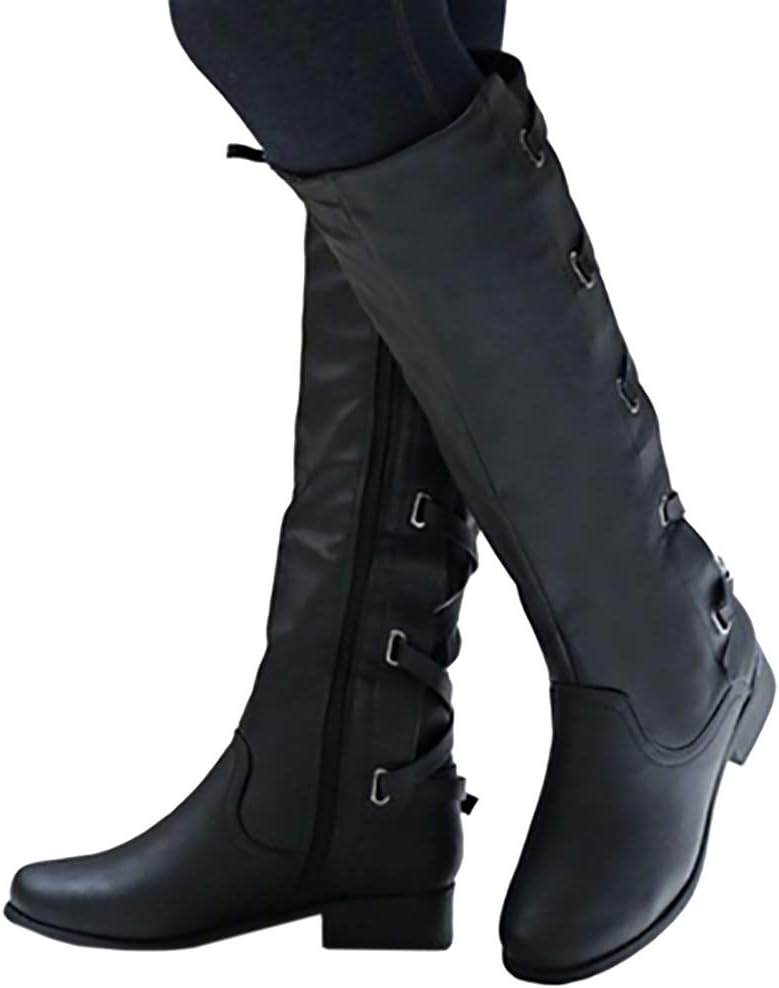 Coutgo Womens Lace Up Knee High Boots Motorcycle Riding Flat Low Heels Strappy Winter Combat Boots