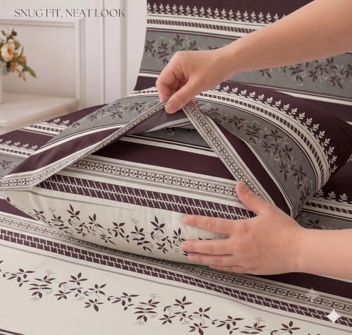 Image of IVAZA Ezyption Cotton Super Soft 240 TC Elastic Fitted All Around Elastic Printed King Size Double Bed Bedsheet with 2 Pillow Cover 72 inch X 78 inch3 Wine Floral