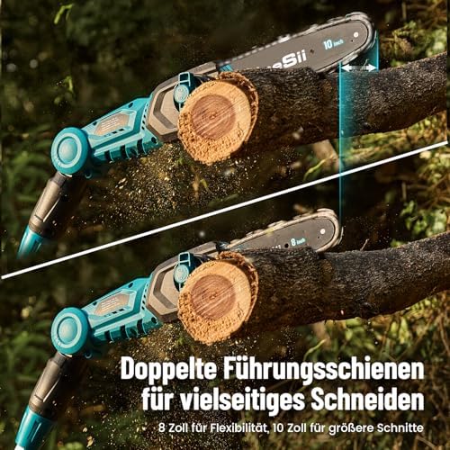 Bild 2 - SEESII 8&10 Zoll Hochentaster mit 2 * 4000mAh Akku, Teleskop Kettensäge mit Verlängerungsstange und Gurt, Arbeitshöhe bis zu 4,57 m, Automatischem Öler, Ideal für Garten und Astschnitt