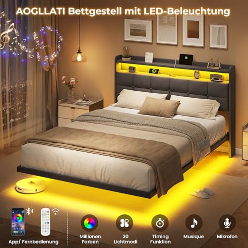 AOGLLATI Polsterbett 140x200 cm, Doppelbettgestell, Bettrahmen mit LED-Beleuchtung und Ladestation, Bettgestell mit Kopfteil, Bett Schwebebettrahmen, Metallbett, Leinen, Dunkelgrau (ohne Matratze)