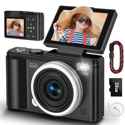 Digitalkamera, 4K 64 MP Kompakt-Digitalkamera mit Autofokus und Makrofunktion, 180°-Klappbildschirm, tragbare Selfie-Kamera für Fotos und Videos mit 32 GB SD-Karte für Anfänger und Jugendliche