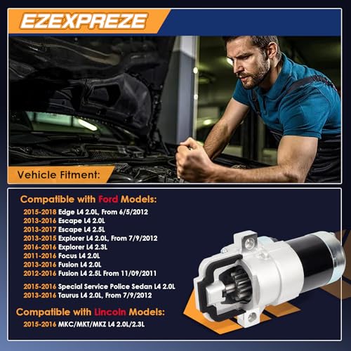Image of Ezexpreze Starter Motor Compatible with Ford Explorer 13-15, Escape 13-17, Fusion 12-16, Focus 11-16, Edge 13-18, Taurus 13-16 & Lincoln MKZ 13-16, MKC 15-16, MKT, 2.0L 2.3L 2.5L, 12V 1.4KW 11T CW