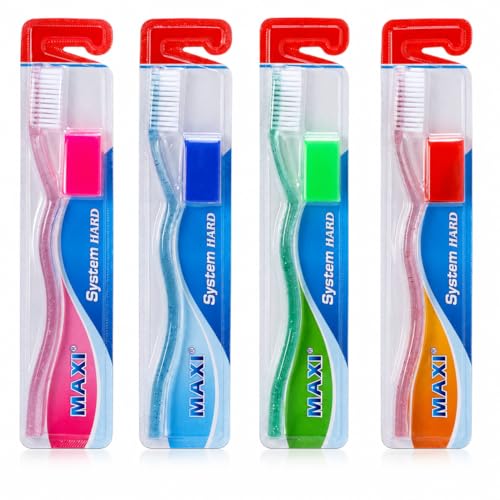 Image of MAXI System Hard Toothbrush for Adults | Deep Plaque & Stain Removal | Anti-Bacterial Travel Cap | Manual Big Head Hard Bristles Tooth Brush | Multicolor Pack of 4
