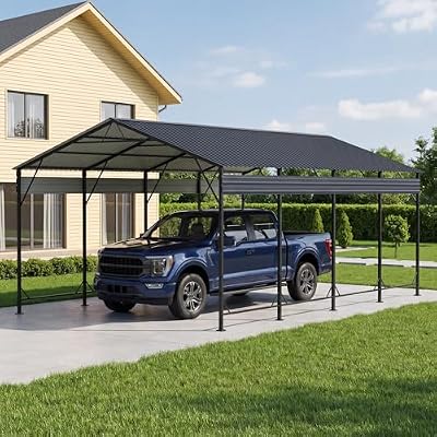 Devoko 12x20 FT Metal Carport, Heavy Duty Car Canopy with Galvanized Steel Roof, Reinforced Base Frame, All-Weather Garage, Outdoor Shelter for Cars, Trucks, Boats, Tractors & RV (Black)
