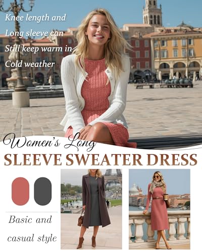 Riyiper 2 Pack Women's Long Sleeve Sweater Dress Ribbed Pleated Casual Round Neck Knee Length Dress with Pocket4