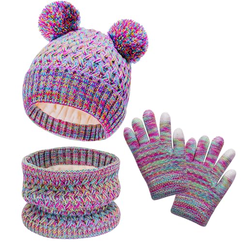 LYDTICK Kids Winter Hat Scarf Gloves Set, Toddler Beanie with Double Pom Pom Fleece Lined, Touch Screen Mitten for Girls Boys, Rainbow