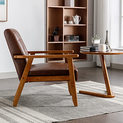 Olela Accent Chair With Wood Frame Mid-Century Modern Armchair, Button Tufted Side Chair Faux Leather Fabric Comfy Corner Chair For Living Room, Bedroom, Apartment, Brown-Leather #TOP5