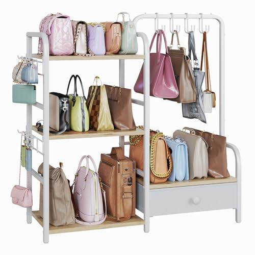 Purse Organizer for Closet, with Bottom Drawer, Extra Large Capacity 3 Tier Handbag Storage Rack for Women, 10 Purse Hanger and Hooks for Bag Organizer, Floor-Standing, Home, Living Room (Wooden)