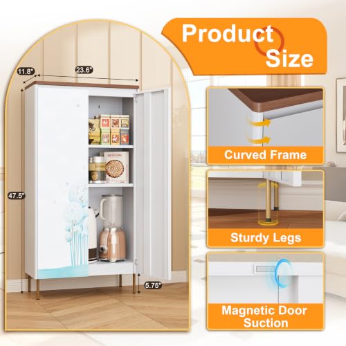 Image of 47 inch Metal Pantry Cabinet,White Kitchen Pantry Cabinets with Doors | Small Freestanding Storage Cabinet with Adjustable Shelves,Modern Cabinet for Living Room, Kitchen,Dining,Tree Pattern