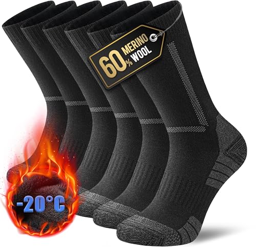 YESWEL 3 Pares Calcetines 60% Lana Merino Hombre Mujer 47-50, Calcetines Térmicos Invierno Trekking, Calcetines Acolchados para Deporte al Aire Libre Negro