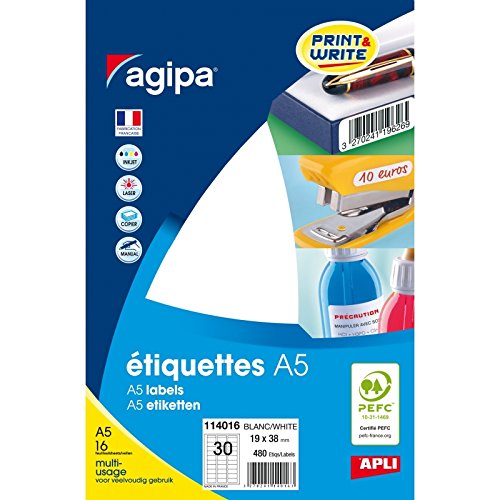 AGIPA Lot de 5 Etuis A5 ( 16F ) de 480 étiquettes multi-usage Permanentes 19 x 38 mm Blanc