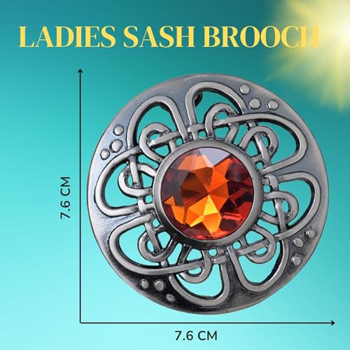 Image of Elegant Culloden Plaid Brooch - Scottish Kilt Fly Plaid Brooch Intricate Celtic Knot in Pewter with Gemstone 3-Inch Diameter - Ideal for Scottish Kilts & Formal Wear