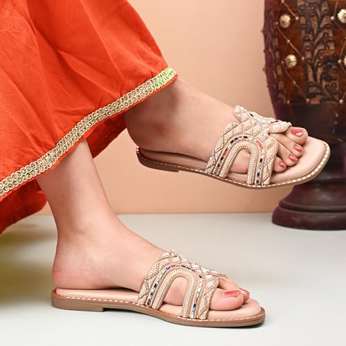 Image of Centrino Women's Beaded Flat Sandals | Stylish Gold Crystal Slip-On with Ornate Cutout Design | Soft Cushioned Footbed |Elegant & Trendy Open Toe Slip-On | Luxury Footwear for Wedding /Party (9301)