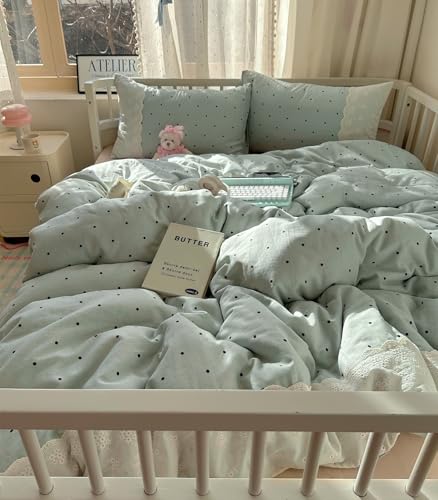 Image of VM VOUGEMARKET Sage Green Bedding Set Twin 3 Pieces Black Dots Duvet Cover Set with Lace Edge-Soft Microfiber Princess Style Comforter Cover for Teen Girls-68x86 Inch