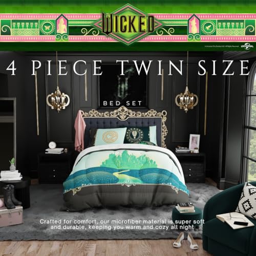 Image of Collectibles Wicked Elphaba and Glinda Bedding 4 Piece Super Soft Reversible Comforter and Sheet Set, Twin, (Officially Licensed Product) By Franco