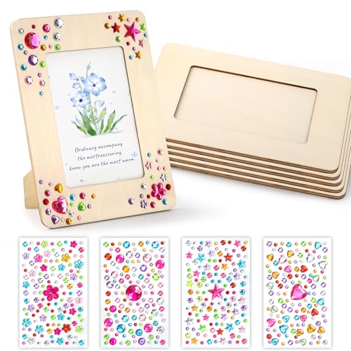 Lesnala 6Pcs Unfinished wood picture frames with 4 Sheets crystal diamond stickers Wooden photo frames for crafts DIY picture frames crafts kits for Adults Kids DIY party gifts(Fits 3.35x5 Photo)