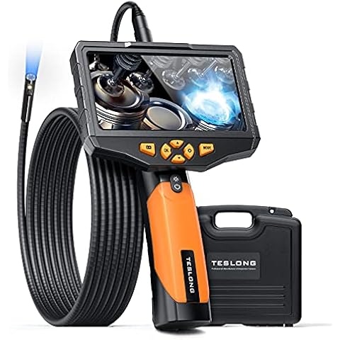 Dual Lens Inspection Camera, Teslong Endoscope 5 Inch Screen, 0.21 Inch IP67 Waterproof Borescope with 6+1 LED Lights, 5000mAh Lithium Battery, Semi Rigid Cable, 32GB TF Card, Plastic Toolbox(9.8FT) Cover