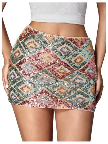 Floerns Women's Contrast Sequin High Waist Shining Party Bodycon Mini Skirt Beige Multi Large