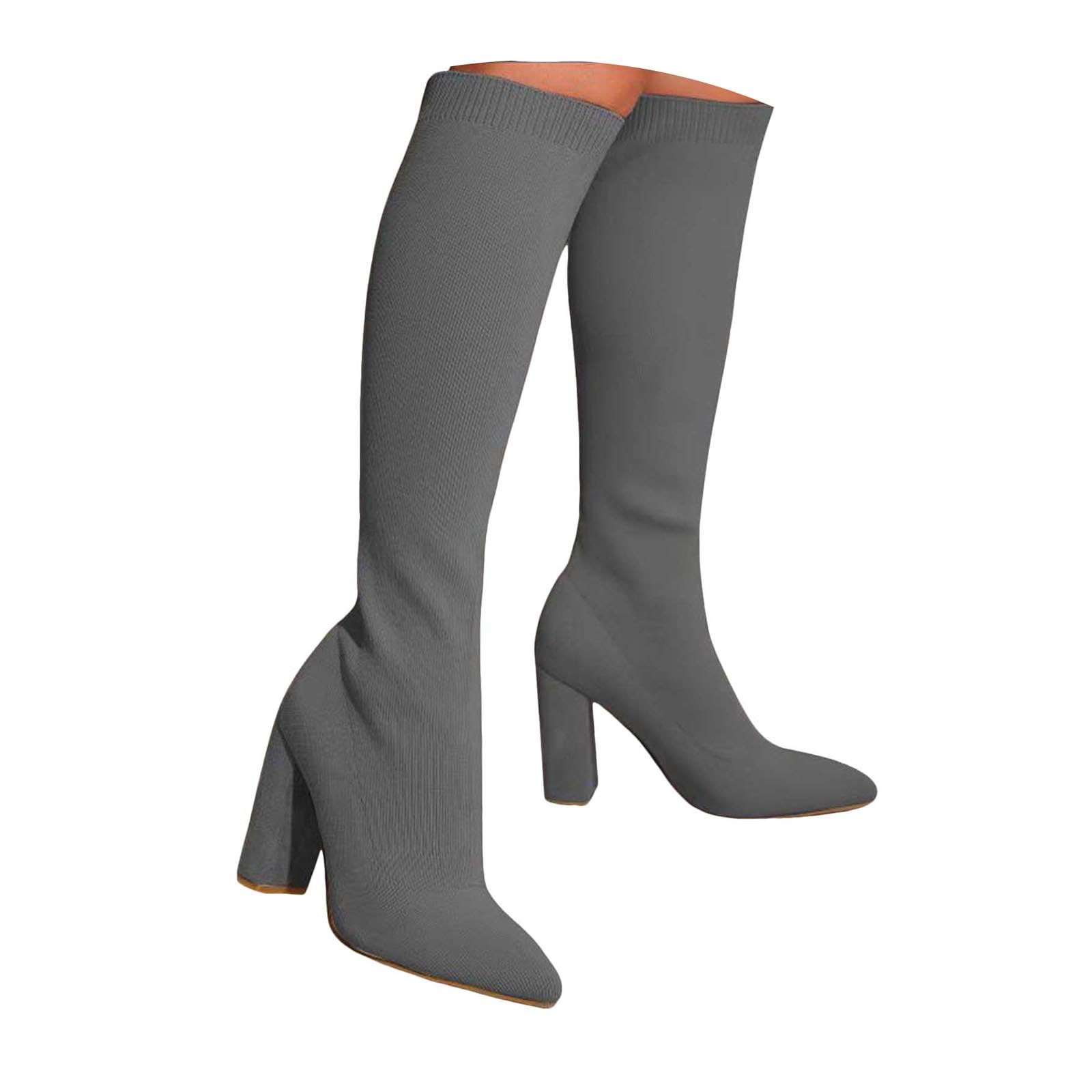 Knee High Boots for Women Chunky Heel Pointed Toe Long Tall Boots Winter Stretch Knitted High Heels Slip