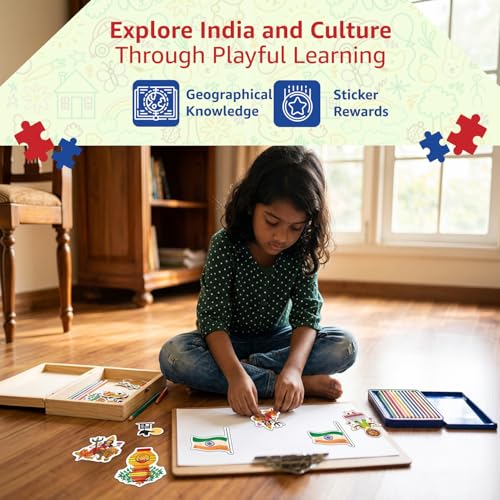 Image of Amazon Brand - Jam & Honey India Map Puzzle & Learning Kit | 6+ Years | 84 Pieces | 100 Flash Cards | 40 Stickers