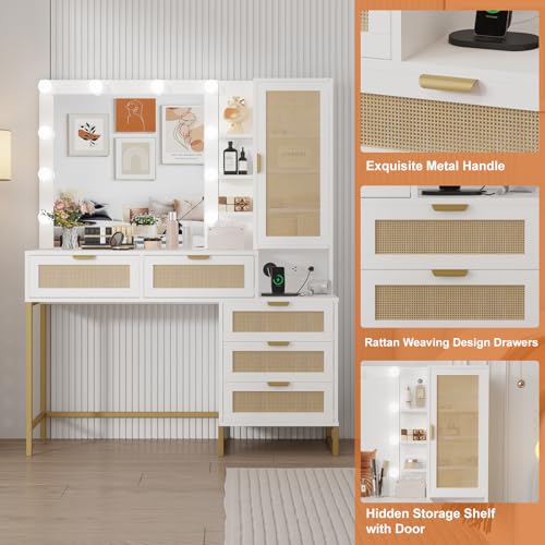 GarveeHome Vanity Desk with Mirror, 10 LED Bulbs and Power Outlet Makeup Vanity Table with 5 Drawers, 4 Storage Open Shelves and 4 Storage Shelves Cabinet Dressing Table for Bedroom Dressing Room