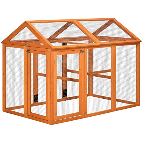 PawHut Gallinero para Exterior 140x88,5x106 cm Gallinero para 1-3 Gallinas con 3 Perchas Marco de Madera y 2 Puertas con Cierre para Patio Madera Natural