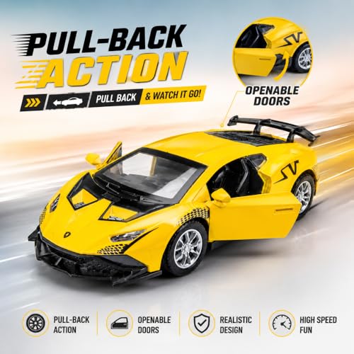 Image of Lamborghini 1:36 Scale Toy Car for Kids | Die-Cast Model Alloy Metal Pull Back Action Toy Vehicles | Openable Doors Light and Sound Toy Car for Boys, Multicolor (Color As Per Stock)