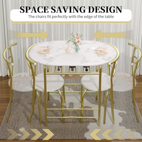 Image of VECELO 3-Piece Dining Table Set for Kitchen Breakfast Nook, Wood Grain Oval Tabletop and Metal Frame with Built-in Wine Rack, for Small Spaces, White & Gold