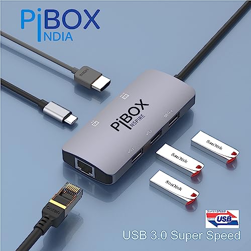 Image of USB C Hub Dock - PiBOX India 6 in 1 Aluminum Type C Adapter with HDCP Support 4K HDMI Port, Ethernet 100mbps RJ45 Port, USB 3.0 Port, USB-C Power Delivery, for Thunderbolt Devices