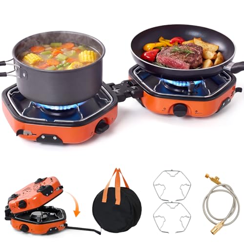 Image of Warmiehomy Double Portable Camping Stove, Camping Stove Gas Portable with 17000 BTU, Piezo Ignition & Adjustable Burners, Foldable Camp Stoves for BBQ, Outdoor Cooking, Orange