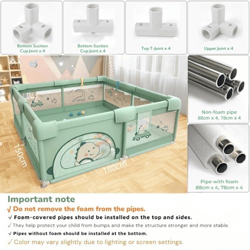 Image of Playpen 150x180cm for Baby 0-5 Years with Safety Lock, Playard with 5-10 Ocean Balls and 2 Grasp Rings (No Mat, Non-Foldable) - Green