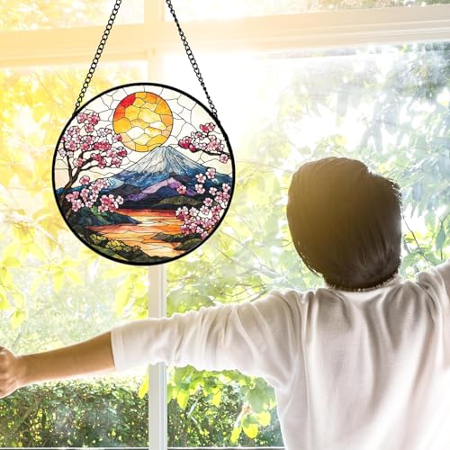 Image of DASTOLL Stained Glass Window Hanging, Sun Blooming Cherry Blossoms Suncatcher Diamond Glass Panel Sun Catchers Decor for Birthday for Women, Men, Wife, Aunt, and Mom 14.9x14.9 in