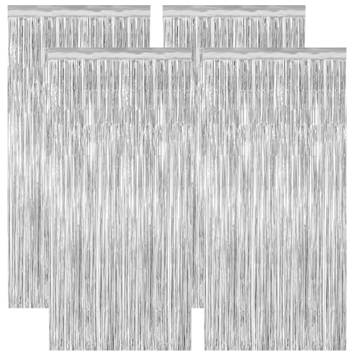 Image of 4 Pack Party Decorations, Metallic Silver Backdrop, Photo Booth Props Silver Curtains Tinsel Backdrop Foil Streamer, 21st Birthday Decorations Bachelorette Decor