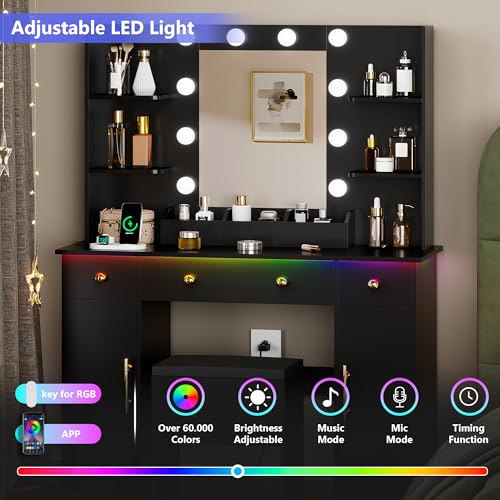 Image of HUANLEGO Vanity Desk with Mirror and Lights,Black Makeup Vanity with Charging Station & Stool, 3 Drawers and Cabinets, White Vanity Mirror with RGB LED Lights Makeup Desk and Chair for Women