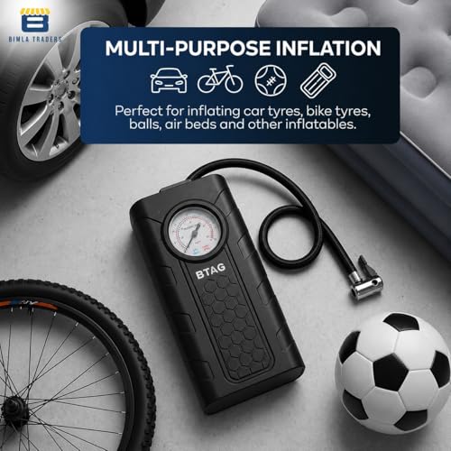 Image of Btag Portable Digital Tyre Inflator for Car & Bike - Compact Air Pump Compressor with Pressure Gauge, Fast Inflation - Ideal for Tyres, Balls & Inflatables. Pack of 1 (AU002 Black)