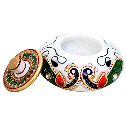 Handicrafts Paradise Peacock Motif Marble Sindoor Dani (7.65 cm x 7.65 cm x 5.1 cm)
