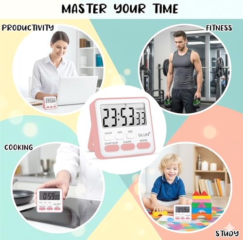 Image of GLUN Digital Multi-Function Timer Clock | Magnetic Back, Loud Alarm, Large LCD Display | Countdown, Stopwatch, Stand & Hanging Hole for Kitchen & Study (Pink)