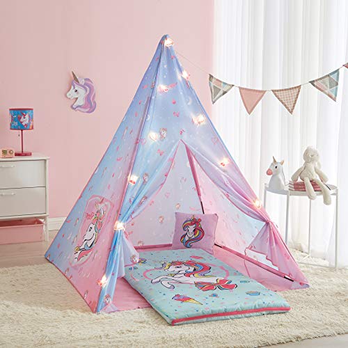 Image of Nickelodeon JoJo Siwa 4 Piece Teepee Slumber Set with Teepee Tent, Sleeping Bag, Decorative Unicorn Pillow and String Lights