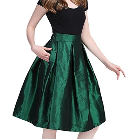 LINNUO Skirt Women High Waisted Pleated Flare Midi Skirts 50's Vintage Rockabilly Skirt Dark Green Cover