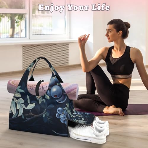 Yoga Tote Bag for Women Fruit Blueberries Beach Bag with Shoe Storage & Yoga Mat Strap Waterproof Weekender Duffle Bag for Travel Fitness Weekend Trips2