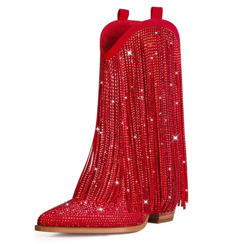 Image of Ouepiano Cowboy Boots for Women - Cowgirl Rhinestone Boots with Sparkly Fringe Pointed Toe Western Boot Chunky Heel Pull-On Wide Calf Botas Vaqueras