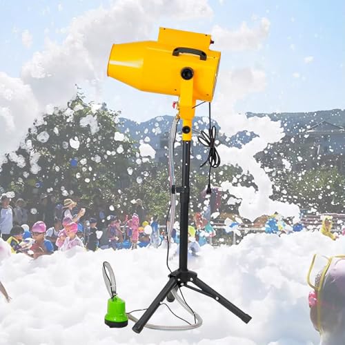 Máquina de espuma para cenários de tamanho grande | máquina de espuma para festas de 1000 W com tripé e bomba de água, alcance de 6 a 10 m/área de 80 m², ângulo ajustável, amarelo