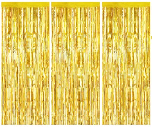3 Piezas Cortinas de Flecos de lámina metálica,Cortinas de oropel metálico,Flecos metálicos Brillantes, utilizadas para la fiesta de cumpleaños, baile, Navidad, Halloween, discoteca.(1m x 2m,Gold) Cover