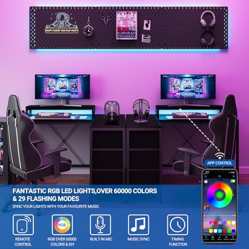 Image of Hetoy L-Shaped Gaming Desk with Power Outlets, Corner Desk with Drawers, Shelves & LED Lights, Computer Desk for Home & Office