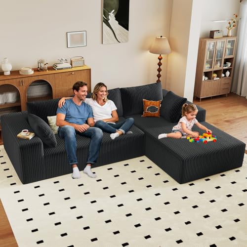 Image of 96 inch Modular Sectional Couch, Boneless L Shaped Cloud Sofa with Chaise Lounge, Corduroy Upholstered Couches Memory Foam Deep Seat, No Assembly Required, Ideal for Living Room(Black, Right Facing)