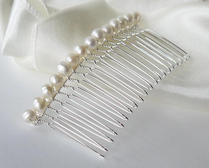 DHANABAPA Pearls Hair Comb | ivory round pearl silver hair comb | pin for wedding or prom | pearl hair accessories | pearl comb | pearl hair piece | pearl hairpins | Gift | 1 Pcs, Silver.